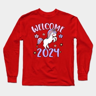 Welcome 2024, Happy New Year 2024, Cute Unicorn Design Long Sleeve T-Shirt